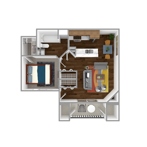 Floor plan for 1 bed, 1 bath, 713 sqft
